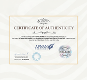 A certificate of authenticity document on a light cream background, featuring the Sharaya logo at the top, text certifying authentic products from Afnan Perfumes, and multiple official seals and signatures.