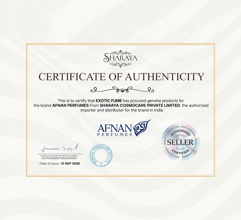 A certificate of authenticity document on a light cream background, featuring the Sharaya logo at the top, text certifying authentic products from Afnan Perfumes, and multiple official seals and signatures.