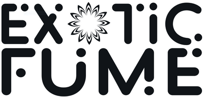 Black 'Exotic Fume' logo with a decorative flower in the center on a white background