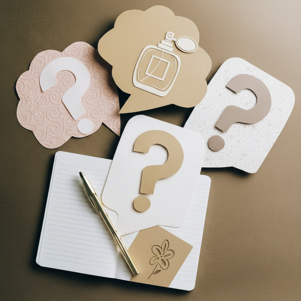 Notebook with pen, question mark cards, and a perfume bottle illustration on a brown background
