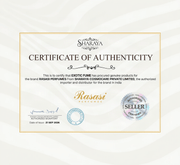 A Certificate of Authenticity document for Rasasi Perfumes, featuring a white certificate with gold borders, black text, and official seals from Sharaya Cosmocare Private Limited and Exotic Fume.