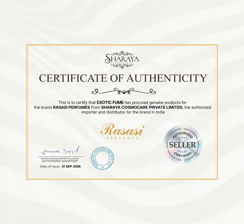 A Certificate of Authenticity document for Rasasi Perfumes, featuring a white certificate with gold borders, black text, and official seals from Sharaya Cosmocare Private Limited and Exotic Fume.