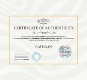A certificate of authenticity document for the brand RAYHAAN by Sharaya, featuring a white paper certificate with gold border, black text, and official seals on a light cream background.
