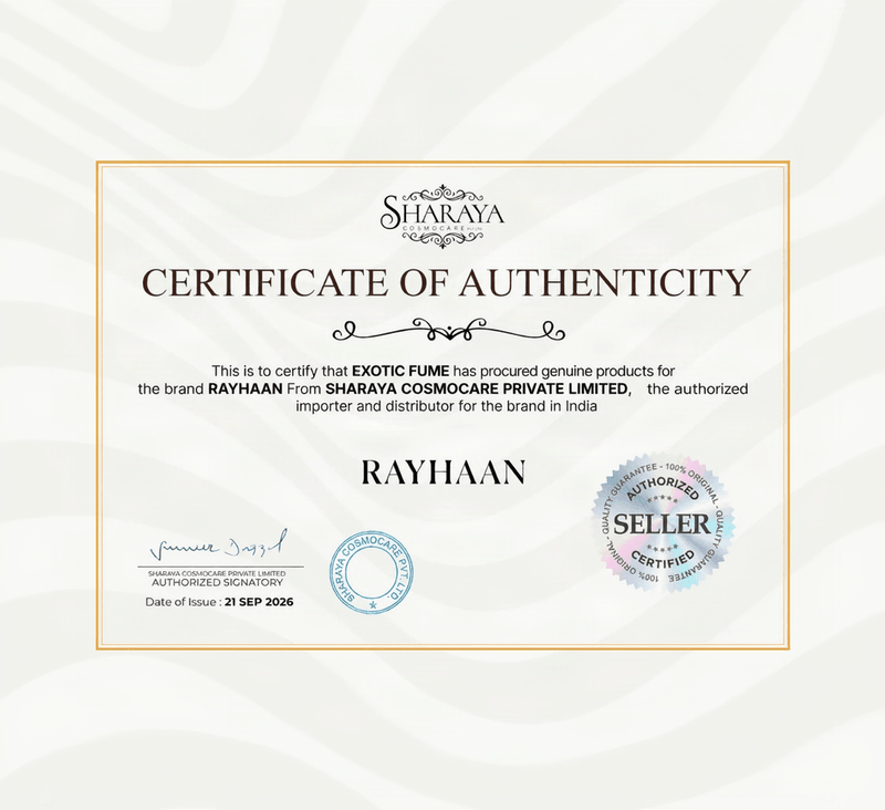 A certificate of authenticity document for the brand RAYHAAN by Sharaya, featuring a white paper certificate with gold border, black text, and official seals on a light cream background.